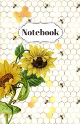Vintage Sunflower Bee Pattern Notebook: Beautiful Yellow 5.5 x 8.5 Inch Wide Ruled Book for Note Taking