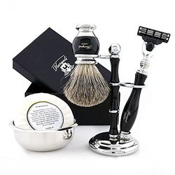 Haryali London Juego de afeitado para hombre – Kit de afeitado de 5 piezas – Cuchilla de afeitar de 3 bordes – Mejor brocha de afeitar de tejón – Jabón de afeitar – Cuenco de afeitar – Soporte de