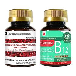 Set di Integratori Cranberry 40% PAC, D-Mannosio 60 compresse + Vitamina B12 Masticabile 365 compresse| Vie Urinarie + Sistema Immunitario LABOTTEGADEGLIINTEGRATORI ®