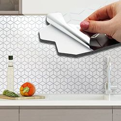 WALPLUS Lot de 12 stickers muraux en forme de hexacube pour carrelage de cuisine ou de salle de bain Blanc brillant 28,5 x 14 cm