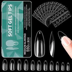 Alyvisun Almond Nail Tips, 550 Pcs Clear False Nails with 240 Pcs Soft Gel Nail Stickers Set, 11 Sizes Acrylic Fake Nails Full Cover Half Matte Nail Kit for Press on Nails Extensions