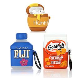 (Paquete de 3) Estuche para Airpods 1 y Airpods 2, XMBYGY Funda Protectora de Silicona para Airpods con Lindo diseño de Piel Divertida, con Llavero (Fiji+Goldfish+Hunny)