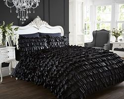 Flamenco Frilled Can New Quilt Duvet Cover and 2 Pillowcase Bed Set, Polyester-Cotton, Black, Super-King