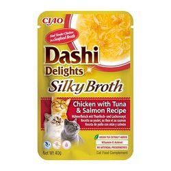 INABA Dashi Delights Silky Broth, Delicati Fiocchi in Brodo di Pollo con Tonno e Salmone - Cibo Umido per Gatti, Snack per Gatti Con Proteine, Ingredienti Naturali - Pasto Complementare - 1 x 40gr