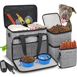 Abrimelodi 6 set hund resväska, stort husdjur resesats för tillbehör inkluderar 2 matbehållare, 1 reseorganiserare för hundar, 2 hopfällbara skålar, 1 presentpåse, hund helg övernattning resväska