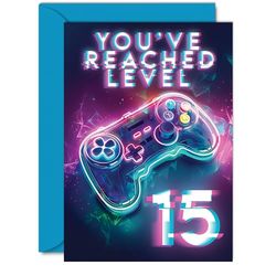 15th Gamer Birthday Cards for Boys Girls - You've Reached Level 15 - Happy 15 Birthday Card for Son Daughter Nephew Niece Grandson, A5 Fifteen Fifteenth Bday Video Game Greeting Cards