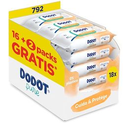 Dodot Toallitas Pure Cuida & Protege Para Bebé, 792 Toallitas (18 Packs De 44 Unidades), Ayuda a restaurar el pH natural de la piel, 99 Agua, Sin plástico