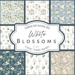 White Blossoms: Scrapbook, Craft, Decoupage paper, 24 double-sided sheets, 12 designs, 6'' x 6''