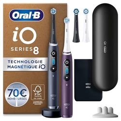 Oral-B iO Series 8 Plus Edition Lot de 2 brosses à dents électriques + étui magnétique, 6 modes de nettoyage, cadeau de fête des mères/fête des pères Noir/violet