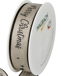 Halbach Seidenbänder Premium cadeaulint Kerstmis van linnen | breedte 25 mm lengte 15 m | kerstlinten met draad voor geschenken en kerstboom | Made in Germany, kleur: natuur/zwart