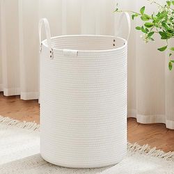 VIPOSCO Grand panier à linge sale avec poignée en cuir, panier de rangement en corde tissée pour couverture, jouets dans le salon, la salle de bain, la chambre à coucher, 72 L, blanc
