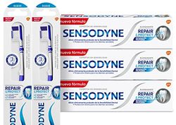 Sensodyne Repair & Protect, Pack de 3 Pastas de Dientes Blanqueantes con 2 Cepillos de Dientes Suaves, Protección frente a Sensibilidad Dental