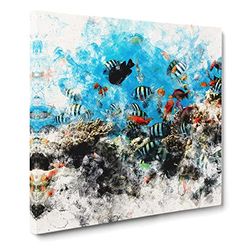 Coral Reef And Fish Vol.2 Watercolour Modern Canvas Wall Art Print Ready to Hang, Framed Picture for Living Room Bedroom Home Office Décor, 14x14 Inch (35x35 cm)