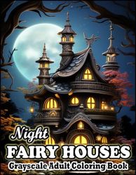 Night Fairy Houses Grayscale Adult Coloring Book: 50 Magical Fantasy Landscapes with Whimsical Fairy Homes in Night Scenes Coloring Book for Women, ... & Night Landscapes Adult Coloring Book