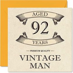 Vintage 92nd Birthday Cards for Men - Aged 92 Years - Fun Birthday Card for Grandpa Dad Husband Uncle Brother Grandad, 145mm Greeting Cards, 92nd Card