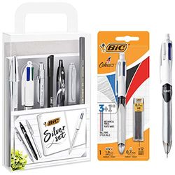 BIC Silver Set - 1 Carnet de Notes/3 Stylos-Bille/1 Stylo Gel/1 Crayon Graphite HB/1 Feutre/1 Porte-Mines & 4 Couleurs 3+1 HB Stylo-Bille et Porte-Mines - Blister de 1 + 12 Mines 0,7 mm HB