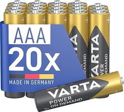 VARTA Pilas AAA, paquete de 20, Power on Demand, alcalinas, 1,5V, inteligentes, flexibles, para accesorios de ordenador, dispositivos Smart Home, linternas, Made in Germany [Exclusivo en Amazon]