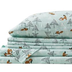 Comfort Spaces Bomullsflanell andningsbar varm djup ficka lakan med örngott sängkläder, dubbel XL, havsskum rävar 3 delar