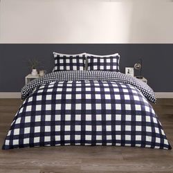 OHS Gingham Bedding - Juego de Funda de edredón Reversible a Cuadros con Funda de Almohada súper Suave y Decorativa de Lujo para Cama Individual, Color Azul Marino