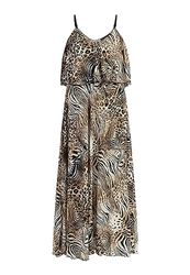 FRAULLY Maxi-jurk voor dames, met dierenprint, beige, L