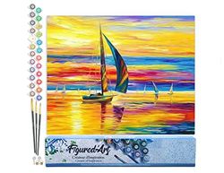 Figured'Art Peinture par Numéro Adulte Bord de Mer et Lumières du Coucher de Soleil - Activité Manuelle Kit de Loisir Créatif DIY Numéro d'art Complet - 40x50cm sans châssis en Bois