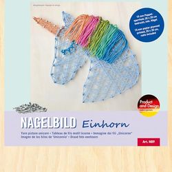 Pebaro NB9 Nagelbild kreativt set, pysselset, trådbild, strängkonst, med förtryckt motiv enhörning, inkl. spikar, hantverk med trä, kreativ presentidé, dekorativa artiklar, 20 x 20 cm