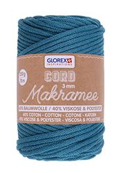 GLOREX 5 1006 09 – makramémanchester, 250 g, 3 mm, längd 70 m, turkos, trippelvridet bomullsgarn, 60% bomull, 40% viskos och polyester, för virkning, stickning, knytning och formning