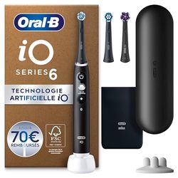 Oral-B iO 6 Brosse À Dents Électrique Noire Pour Adultes, 5 Modes De Nettoyage Avec Blancheur Et Douceur, Capteur De Pression Pour Protéger Les Gencives, 3 Brossettes De Rechange, 1 Étui De Voyage