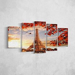 HOMEMANIA Quadro Tour Eiffel - 5 Pezzi - Città E Paesaggi - per Soggiorno, Camera - Multicolore in Poliestere, Legno, 100 x 3 x 60 cm
