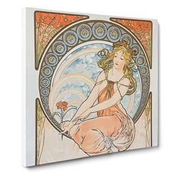 Flower In Hand by Alphonse Mucha Classic Painting Canvas Wall Art Print Ready to Hang, Framed Picture for Living Room Bedroom Home Office Décor, 14x14 Inch (35x35 cm)
