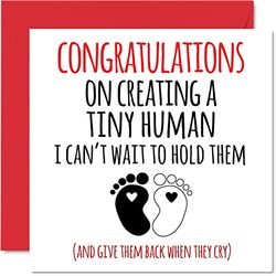 Funny New Baby Card Unisex - Tiny Human - Congratulations Baby Cards Newborn, Cheeky Well Done Congrats New Baby Cards, Welcome To The World Home Gifts, 145mm x 145mm Baby Greeting Cards for Parents