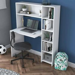 Dmora - Scrivania Callidora, Scrittoio multiuso, Tavolo per ufficio porta PC, Piano di lavoro, Bianco, Lunghezza: 113,2 cm Larghezza: 40cm Altezza: 141,8 cm