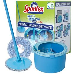 Spontex Aqua Revolution System, Set Mop e Secchio, Separa l'Acqua Sporca da Quella Pulita, Pulisce Pavimenti in Laminato, Legno e Piastrelle, Mop Piatto con 2 x Ricambi della Testa in Microfibra
