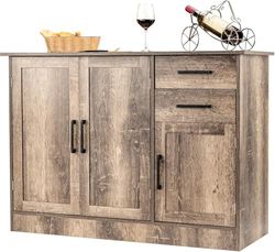 FANTASK Drewniany kredens z 2 szufladami, wielofunkcyjna szafka bufetowa przemysłowa do kuchni, szafka kuchenna z 3 drzwiami i 1 regulowanym regałem, 110 x 40 x 78 cm, szary