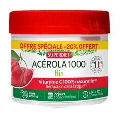 SUPERDIET- ACÉROLA 1000 BIO -Haute concentration en Vitamine C-Réduction de la fatigue-FORMAT PROMO-Maxi pot de 72 comprimés à croquer