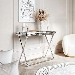CARME Knightsbridge Table Console Effet Miroir 3D avec Pieds croisés chromés Gris