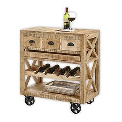 Stella Trading Chariot de Bar Vintage en Bois Massif de Mangue avec Plateau Amovible - Chariot de Service Pratique pour Cuisine, Salon et Salle à Manger - 86 x 93 x 46 cm (l x H x P)