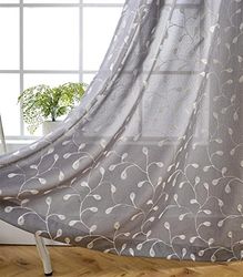 Miuco Bloemengeborduurde Semi Sheer Gordijnen Faux Linnen Grommet Gordijnen voor Woonkamer