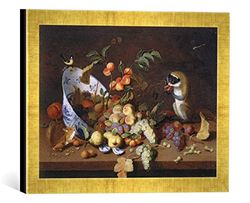 Ingelijste foto van Hans van Essen "Stilleven met vruchten en dieren" ", kunstdruk in hoogwaardige handgemaakte fotolijst, 40x30 cm, goud raya