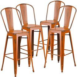 Flash Furniture Banqueta de bar Blake de qualidade comercial, embalagem de 4, 30 polegadas de altura, de metal laranja envelhecido para interiores e exteriores com encosto