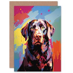 Artery8 Chocolate Labrador Retriever Dog Lover Gift Pet Portrait Colourful Artwork Painting Sealed Greeting Card Plus Envelope Blank inside