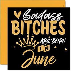Grappige verjaardagskaarten voor vrouwen haar - badass teven worden geboren in juni - gelukkige verjaardagskaarten voor vriend vriendin vrouw dochter zus tante mama oma, 145 mm x 145 mm humor