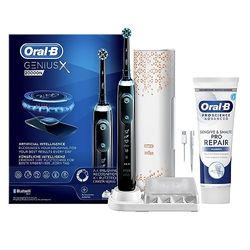 Oral-B Spazzolino Elettrico Ricaricabile Genius X, 6 Modalità di Spazzolamento, Intelligenza Artificiale, 1 Testina, 1 Custodia Viaggio, Idea Regalo, Nero + Dentifricio Incluso