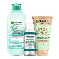 Garnier Set de cuidado facial con agua limpiadora de micelas, suero de aloe hialurónico y crema BB, para una tez radiante, Skin Active, 3 piezas