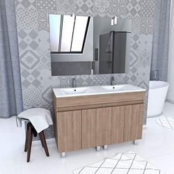 Ensemble Meuble de salle de bain chene celtique 120cm sur pied + vasque ceramique blanche + miroir