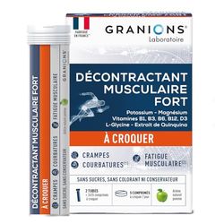 GRANIONS Décontractant Musculaire Fort à croquer | Soulagement rapide des crampes, courbatures, contractures et fatigue musculaire | Minéraux potassium magnésium | Vitamines B6 | goût pomme sans sucre