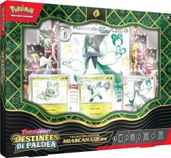 Pokémon TCG: Premium Collection Scarlet en Violet – bestemmingen van Paldea – Miascarade-ex (3 glanzende promokaarten met textuur, 1 grote kaart en 8 boosters)