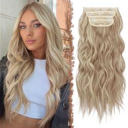 FESHFEN Clip in Hair Extensions 4PCS Thick Highlight Hairpieces Long Wavy Clip in Hair Piece Full Head Synthetic Fiber Hair Extensions for Women, 20 Inches Caramel Brown Mixed Beige Blonde