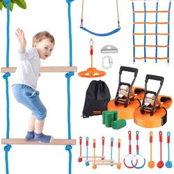 VEVOR Parcours Ninja pour Enfants Kit Slackline et Parcours d’Obstacles 2x17 m Charge 226,8 kg 12 Obstacles Équipement de Jeu Extérieur avec Filet d’Escalade Barre de Singe pour Jardin Arrière-Cour
