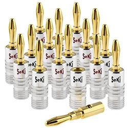 SeKi Lot de 16 fiches bananes plaquées or 24 carats pour câbles d'enceintes jusqu'à 6 mm² avec code couleur (rouge et noir) pour connecter le câble à des installations HiFi, amplificateurs, récepteurs